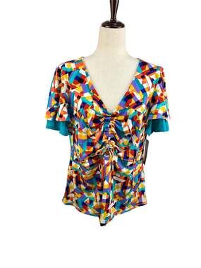 NEW NWT Bold Elements Bright Geometric Blouse, Flutter Sleeves Mid Cutout Sz XXL